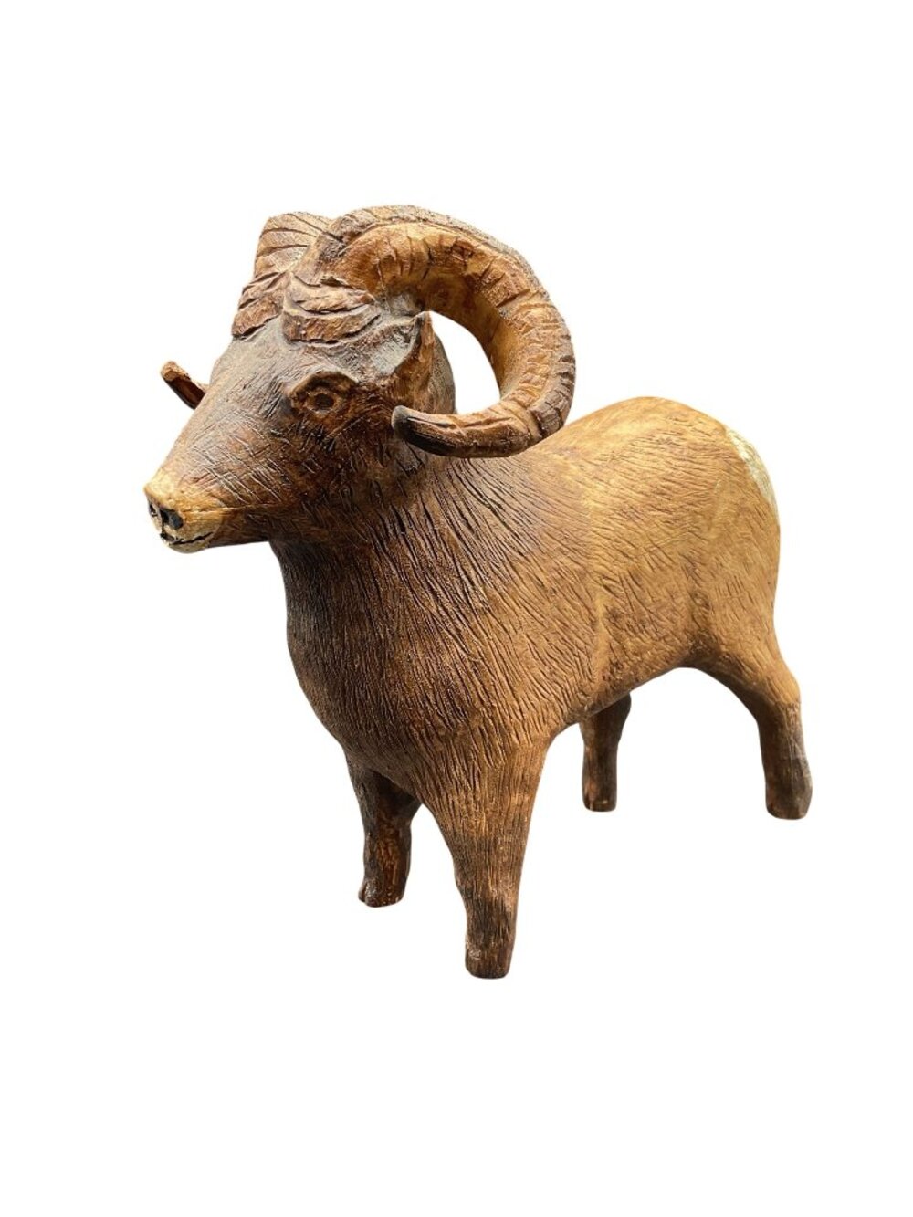 Hand-Carved Wooden Ram Mountain Goat Figurine Rustic Animal Decor 8” X 7”